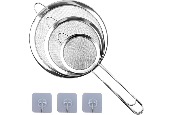 Rostfritt Stål Sil Set, 3-Pack Finmaskig Kökssil (8/12/16 cm) med Förstärkt Handtag för Bakning, Matlagning, Mjöl, Quinoa & Risnudlar