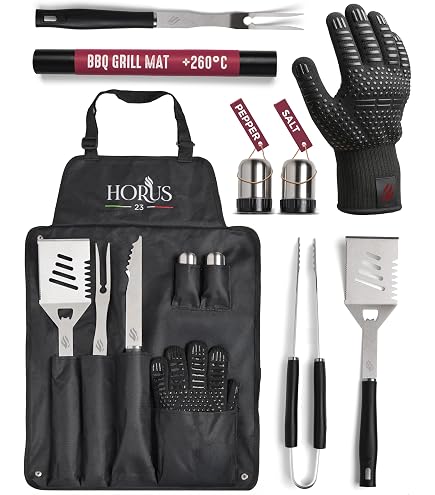 Kaluns Accessori per barbecue per barbecue, regali per uomini e papà, strumenti per griglia per barbecue all'aperto, set di griglie in acciaio inossidabile resistente con spatola, pinze, forchetta