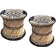 eGharonda Pure Handmade Bamboo (SARKANDA) mudda Stool/Chair for Living Room/Office/Home/Indoor/Outdoor Garden | Beige & Black (Set of 2) 14x13 Inches