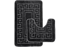LIFESTYLE COMFORT LTD Greek Bath Mat 2 Pcs Set Non-Slip Bath Rug Toilet Mat Washable Bathroom Mats Rugs Absorbent Soft Rug for Bathtub Bathroom Includes 1 Bath Mat (50 X 80cm) And 1 Pedestal Mat (50 X 40cm) (CHARCOAL)