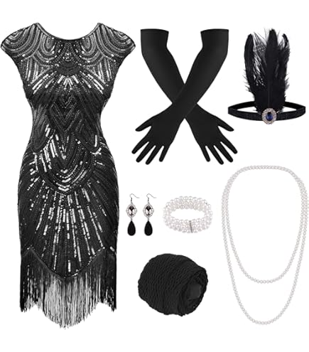 PLULON Vintage flapperjurk voor dames, jaren '20 Gatsby pailletten, franjes, cocktailjurk, feestjurk met accessoires uit de jaren '20, kostuumset voor avondbal (grijs PLULON Vintage flapperjurk voor dames, jaren '20 Gatsby pailletten, franjes, cocktailjurk, feestjurk met accessoires uit de jaren '20, kostuumset voor avondbal (grijs