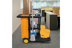 bimiti Cleaning Trolley with Extra Large Bag and 2 Shelves, 4 Wheels Professional Device Trolley Cleaning Household, Black