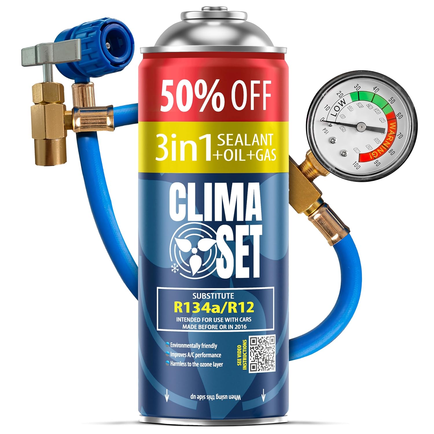 ClimaSet-gasvervanging R134a 3-in-1 1 x 235 g + slang voor auto-airco 1995–2016 – koelmiddel voor auto-airco – gas voor auto-airco