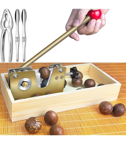 Pumtus Manual Nutcracker – Heavy Duty With 4 Forks & Wooden Base, Adjustable U-Groove (0.5-1.2 Inch)