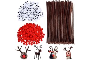 LYNBLY 500 Pezzi Scovolini Pipa Ciniglia Steli Set, Includere 100 Pipe Cleaners Steli di Ciniglia, 200 Occhi Adesivi Occhietti Mobili, 200 Pompon Rosso, per Natale Artigianato DIY Creazione di Renne