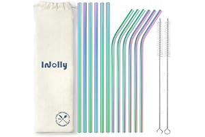 InJolly 12 Pailles Métalliques Colorées 6 mm, Pailles Inoxydable Réutilisables, Pailles Cocktail (6 Droites + 6 Courbées) avec 2 Brosses Nettoyage, Pailles Inoxydable Pour Jus, Café, Milkshakes, Thé