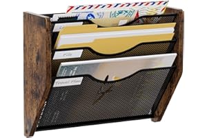 PAG-Mass 3 Tier Wall Hanging File Organiser,Metal Wooden Letter Rack A4 Paper Holder, Wall Mounted Document Storage Organizer For Office Home School,Brown