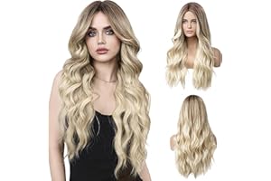 LUFFLOK Lange Lockige Ombre Braun zu Blond Perücken für Frauen 68cm Lange Perücken Damen Lockige Gewellte Perücken Hitzebeständig Volle Haar Ombre Perücke für Tägliche Karneval Party Cosplay (Blond)