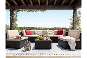 AZRBOPO 7 Pieces Outdoor Sectional Sofa 6 Seater Garden Furniture Sets Patio Furniture Sets Manual Weaving Wicker Rattan Patio Conversation Sets with Cushion and Glass Table (Beige)