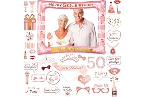 50th Brithday Decoration, SPLAKS Rose Gold Birthday Photo Booth Frame with 32PCS Photo Booth Props, 50th Birthday Gifts for Women Birthday Gifts for Her, 120 x 190 cm (BTDPhoto50)
