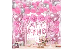 ZERODECO Pink Birthday Party Decorations, Happy Birthday Banner Pompoms Balloons Pink Fringe Curtain Party Décor for Baby Girls Women Birthday Party