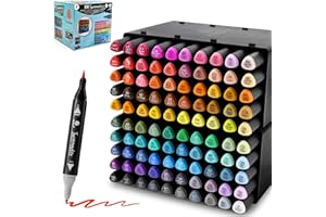 DECO TIME Decotime Twin Alcohol Markers with Stackable Alcohol Marker Storage Tray - 100 Dual Tip Fine & Brush Markers - Coloured Marker Pens for Adults, Kids - Quick Dry Art Supplies for Drawing & Colouring