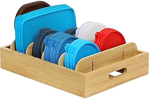 Winter Shore Bambus Topfdeckel Aufbewahrung - Deckel Organizer Küche - Topfdeckelhalter Schublade & Tellerständer Holz mit 5 Verstellbaren Trennwände & Griffen - Pfannen Organizer Schublade