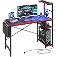 Bestier 113CM Corner Computer Desk with Power Outlets Computer Desk with LED Lights Reversible Writing Table with Side Pocket Storage Bag & Accessories Hanger for Home Office Small Space