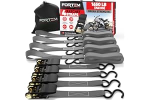 FORTEM Pas Transportowy, Pas Mocujący 748 kg, Pas Transportowy z Napinaczem 460 cm, Pas Zabezpieczający Zestaw 4, Pas Transportowy z Klamrą, Gumowe Uchwyty, Powlekane Metalowe Haki, Futerał