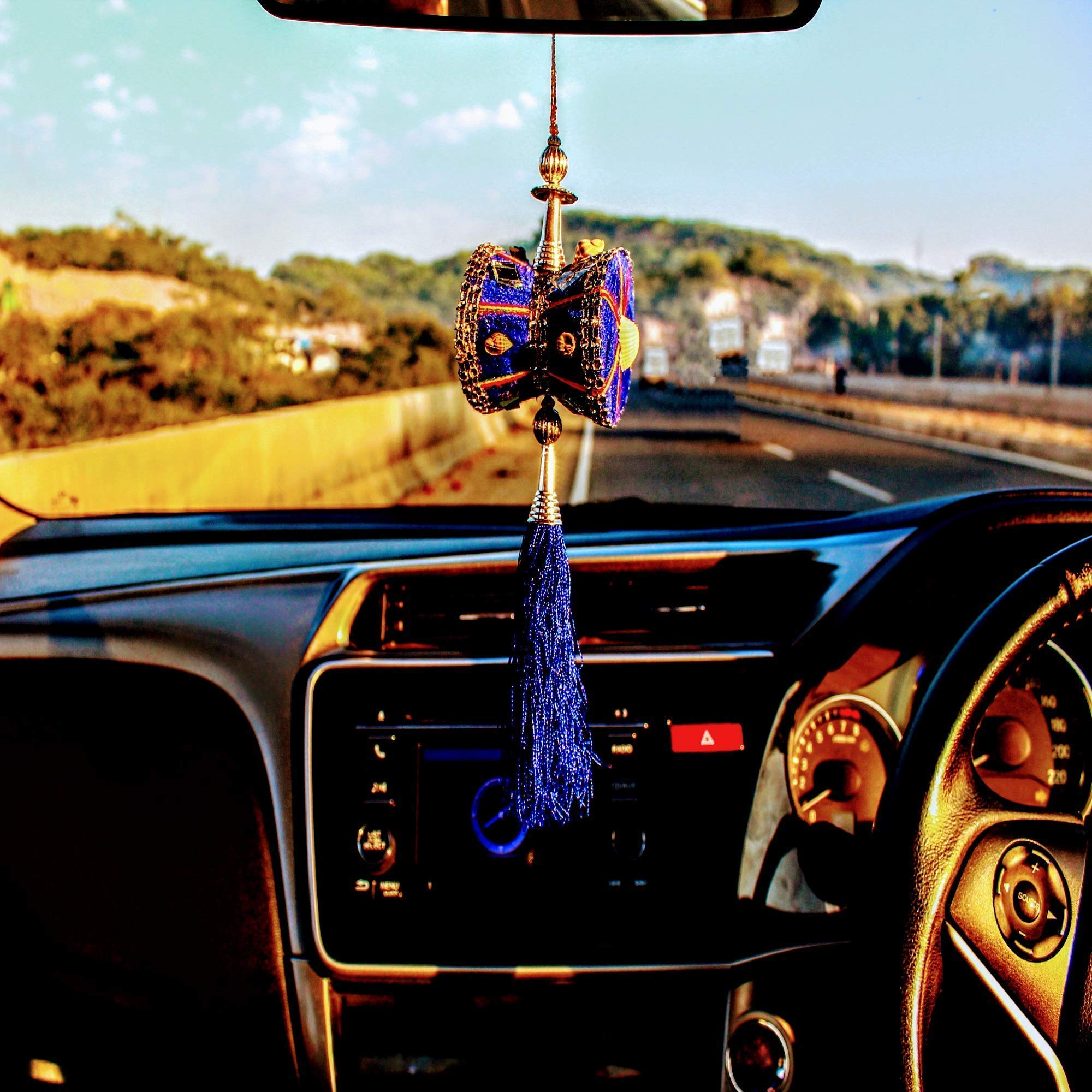 U & U UNIQUE UTILITIES Car Mirror Hanging Interior Decor Accessories,Velvet Cloth handmade Car Decoration Damru,7x6x6cm; Blue - Image 5
