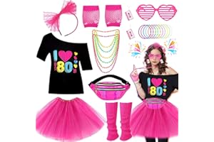 GLIROP 80s Fancy Dress Accessories for Women, Including T-Shirt Tutu Skirt Bumbag Leg Warmers Gloves Glasses Headband Earrings Necklace Bracelets 1980s Costume Outfits for Ladies Girls Hen Party