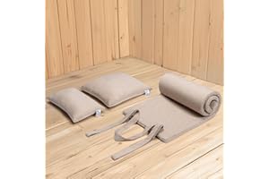 JEMIDI Set da 2 Cuscini e Materassino Arrotolabile - Comodo e Lavabile - Accessori Sauna Finlandese da Esterno - per SPA Piscina Lettino Prendisole Giardino - Effetto Lino - Beige