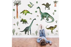 BOARSHUA Watercolor Dinosaur Wall Stickers, Large Peel & Stick Dino Wall Decal Tropical Forest Dinosaur Clings for Baby Boy Girl Kids Nursery Bedroom Living Room Playroom Classroom Home Decor