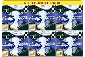 Always Infinity FlexProtect Sanitary Towels, Size 4 Secure Night, 9 Count Case of 6, Unscented, for up to Zero Feel & Zero Leaks, Softest Top-Layer, Super Absorbent & Flexible Protection