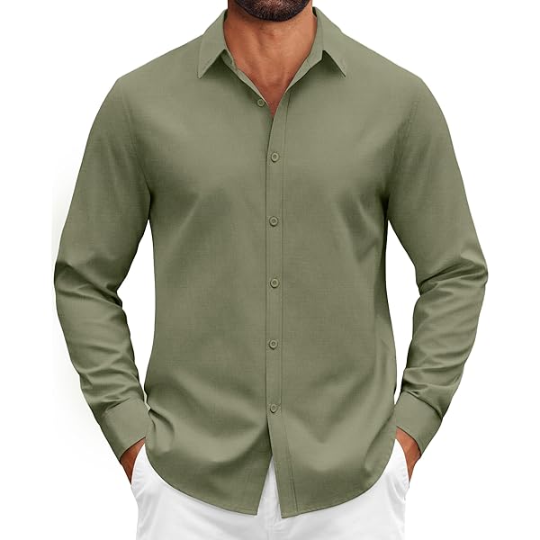COOFANDY Heren Katoenen Overhemden met Lange Mouwen Casual Stretch Formeel Zakelijk Overhemd Legergroen XL