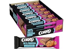 CORNY Protein, Barretta Proteica Al Cioccolato al Latte Aromatizzato al Biscotto, Con edulcoranti, Ricca di Proteine, Senza Zuccheri Aggiunti, 18 Barrette x 50gr