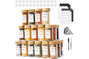 Ynudr Spice Jar with Bamboo Lid, 30x120ml, Glass Spice Jar, Spice Jar with Bamboo Lid, Round Spice Jar with Labels, Absolutely Sealed, Anti-corrosion and Moisture-proof, for Storing Spices, Herbs