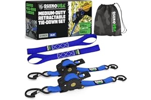 Rhino USA Retractable Ratchet Straps (2-Pack) - 2.5cm x 3m (540kg Break Strength) - Medium Duty Auto Self-Retracting Tie Down Straps for Truck, Cargo Trailer, Motorcycle, Bike & More - Blue