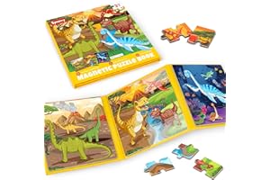 SYNARRY Magnetic Dinosaur Jigsaw Puzzles for 3 4 5 6 year olds, 20 Pieces Toddlers Travel Puzzles, Dinosaur Toys for Boys Age 3 4 5 6, Car Airplane Road Trip Activities Toys