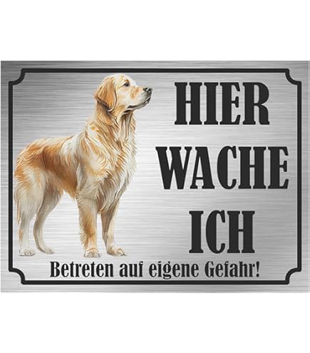 Golden Retriever Zaunschild - Hier Wache Ich! Aluminium 24x16cm