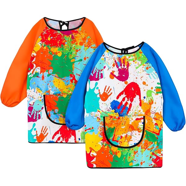 2 Pcs Tablier Peinture Enfant, Imperméable Blouse de Peinture avec Manches Longues et 3 Poches, Smock d'Art pour 3-7 Ans Enfants L'école Activités, Cuisine, Nourrissage, Bleu & Rouge (Petit