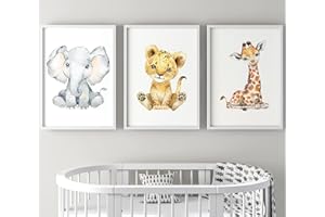 Eviepops Prints Ensemble Animaux Safari de 3 Impressions Sans Cadre pour Chambre d'enfant Fille ou Garçon, Décoration Chambre Posters Décoratifs Muraux, Eléphant Lion Girafe (A3)