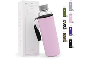 spottle glass water bottle 1 litre with neoprene sleeve - borosilicate drinking bottle 500ml, 750ml, 1l with lid - water bottle glass for kids and adults - dishwasher safe