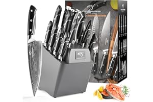 NANFANG BROTHERS Set de Couteaux de Cuisine en Acier Damas avec Poignées Martelées et Bloc de Bois, Ensemble de 18 Lames de Couteaux en Acier Damas Supérieur Couteau de Cuisine Damas Tranchant
