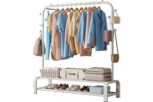 SMILOVII Clothes Rail, Free Standing Clothing rail with Hanging Rail、Shoe Storage & 8 Hooks, Metal Clothes rack, Perfect Clothes rails for bedroom, Home & Shops - White