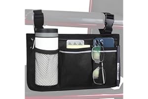 HSGEZUOQI Wheelchair Side Bag, Armrest Storage Pouch with Cup Holder and Reflective Strip Use of Waterproof Fabric for Most Wheelchairs, Walkers or Rollators (Black)