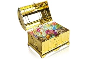 GBKDQQ Skrzynia na skarby na urodziny dziecka, zestaw złotych monet, skarbów pirackich, pudełko zamykane z pokrywką i zamkiem, na urodziny dziecka, skrzynia skarbów z 20 złotymi monetami piratów i 100