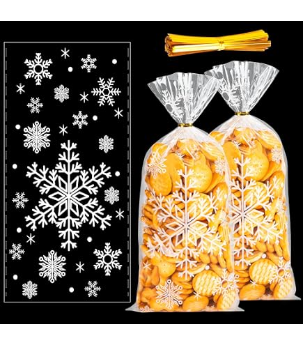MELLIEX 100 Sacchetti Regalo Di Natale In Cellophane 27x13 Cm – Con Tema Fiocchi Di Neve E 200 Laccetti - 4