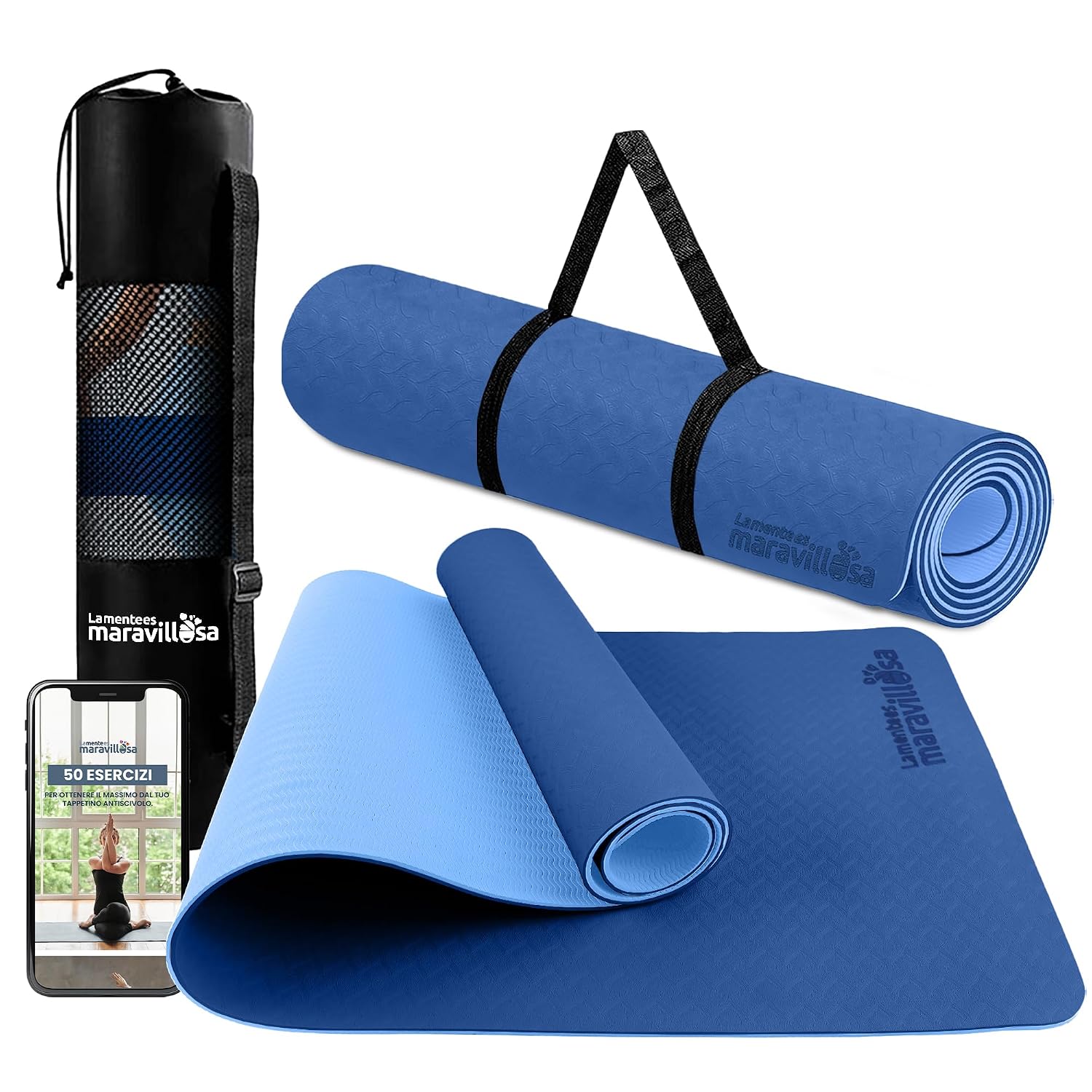 LA MENTE ES MARAVILLOSA - Tappetino Yoga e Pilates TPE, 183x61 cm | Spessore 6 mm, Antiscivolo per Fitness e Palestra in Casa, con E-Book, Custodia e Tracolla