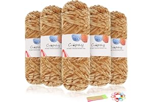 ‎COOPAY Coopay Samt Chenille Wolle zum Häkeln, 500g (5x100g) Velvet Chenillegarn, Dicke Wolle zum Stricken, Flauschige Weiche Samtig Chenillewolle mit Häkelzubehör für Schals, Decken - Khaki