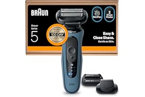 Braun Series 5 Electric Shaver, Up to 50 min, +2 Attachments, Cordless, Wet & Dry Razor for Men, 100 percent Waterproof, 52-A1820SI, Azure