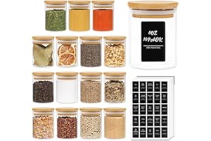 ComSaf® Zestaw słoików na przyprawy z drewnianą pokrywką, 16 sztuk, okrągłe pojemniki na przyprawy, solniczka o pojemności 180 ml i 275 czarnych etykiet, puste słoiki na przyprawy, szuflada na