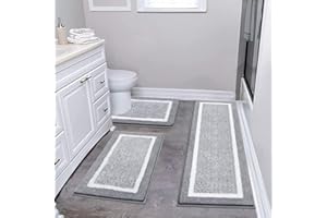 Pauwer Fluffy Bath Mat Sets 3 Piece, Bath Rugs and Toilet Mats Microfiber Non Slip Washable Bath and Pedestal Mat Sets Water Absorbent Bathroom Floor Carpet Rug Shower Rug, Light Grey