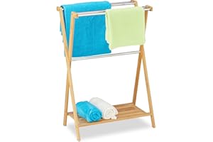 Relaxdays Porte-Serviettes sur Pieds, 5 Barres, Bambou, Acier Inoxydable, Support à lavettes de Salle de Bain, 87x58,5x36 cm, Nature