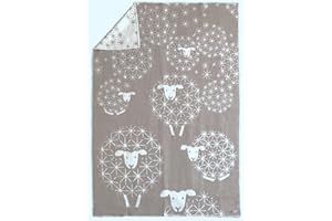 ‎JOWOLLINA JOWOLLINA Wendedecke Wolldecke Plaid Kuscheldecke aus Öko-Wolle mit lustigem Tiermotiv (Schäfchen Pusteblume Clay)