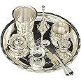 BENGALEN Silver Plated Pooja thali Set 8 Inch Plate Diya Dhup Dan Glass Ghanti Bowl Kumkum Stand Palli Daily Puja Thali for Diwali Home Mandir Office Wedding Return Festive Gift Items