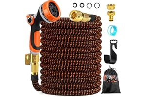 AQhui Expandable Garden Hose Pipe 30m 100ft, Retractable Hosepipes for Garden with 10 Functions Spray Gun, Expanding Magic Water Hose Attachments 3/4"&1/2" Brass Connectors, Flexible Hose Anti-Kink
