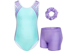 Gogokids Girls' Three-Piece Sleeveless Gymnastics Leotard Set with Shorts & Hair Tie, Kids Glitter Gymnastics Outfits with Rhinestone Accents & Crossback Design Sparkling Ballet Unitards for Age 3-12
