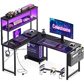 Coleshome L Shaped Gaming Desk with LED Lights & Power Outlet, Black | 110 × 80 cm Reversible Computer Desk with Shelves, Cor