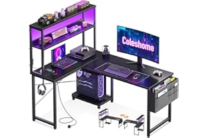 Coleshome L Shaped Gaming Desk with LED Lights & Power Outlet, 115 × 80 cm Reversible Computer Desk with Shelves, Corner Desks with Storage Bag & Hook for Home Office, Black